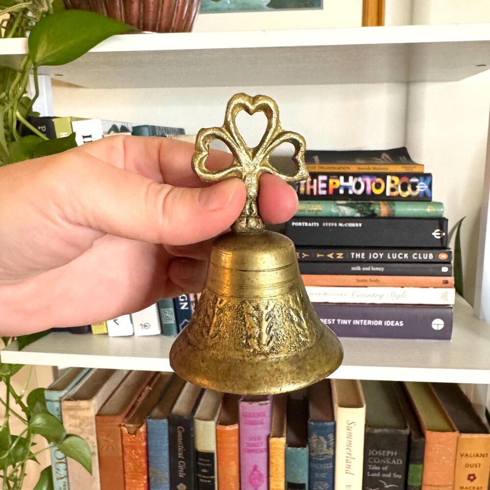 Vintage Brass Hand Bell / Engraved Floral Bell with Heart Clover Handle